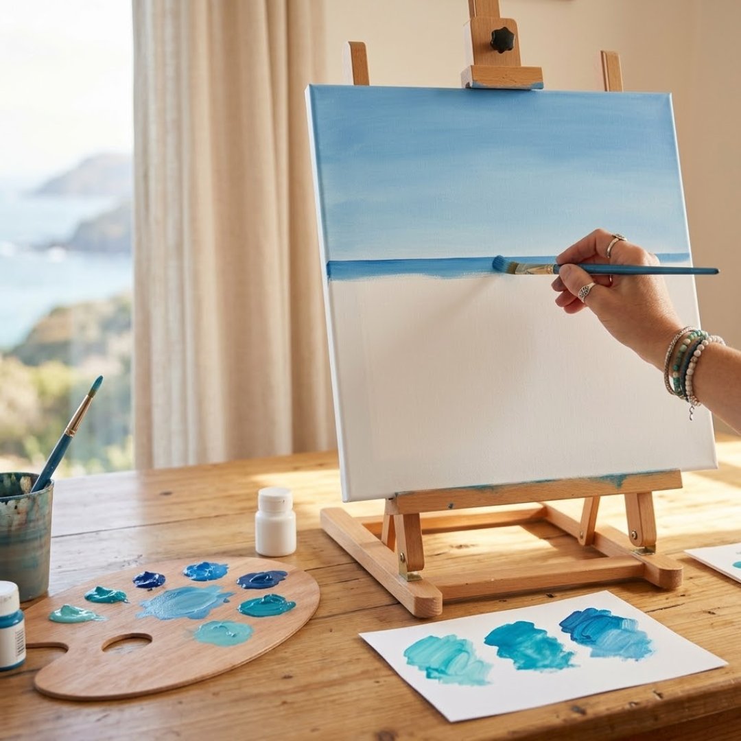 Module 2: painting the sky and horizon line in blues on the canvas, with a swatch sheet of turquoise mixes on the table