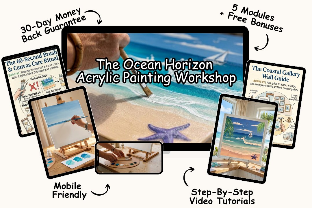 The Ocean Horizon Acrylic Painting Workshop shown across desktop, tablet, and phone with its bonus guides