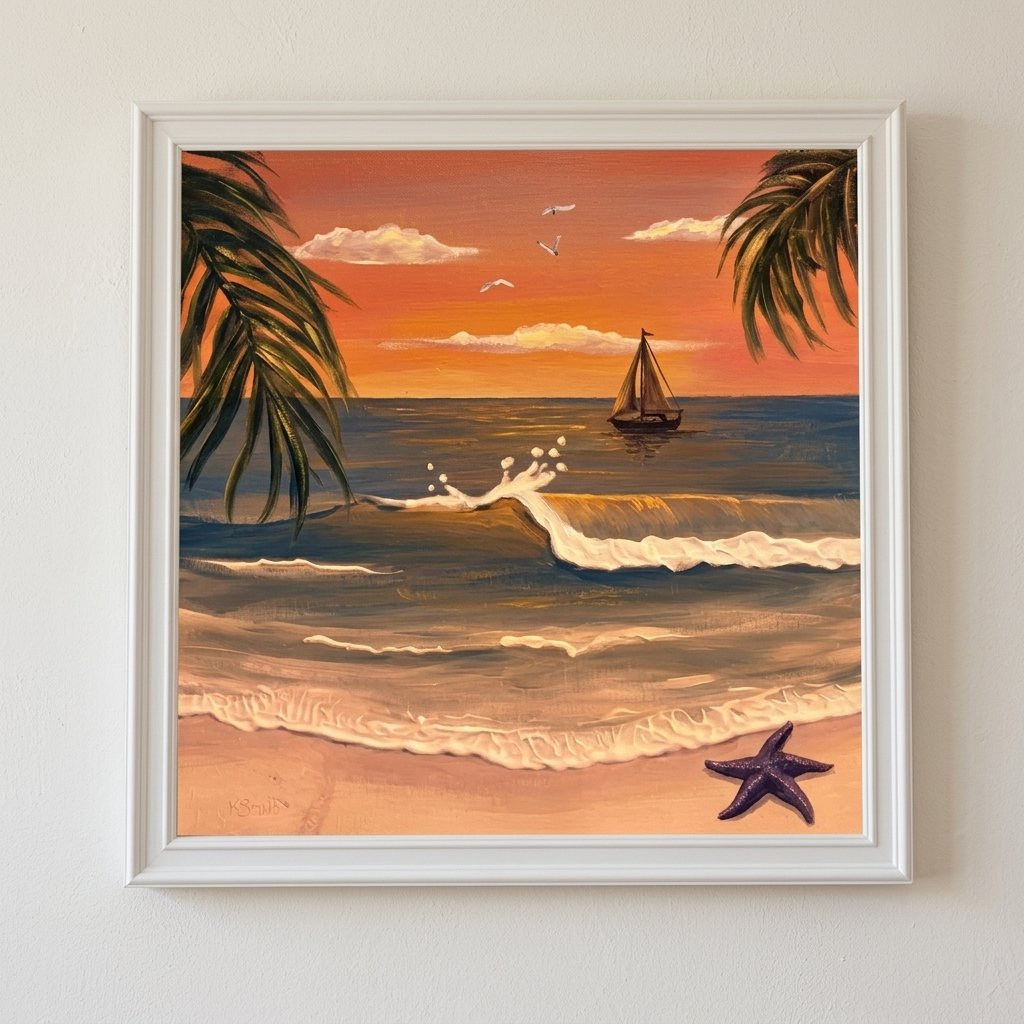 The same beach scene painted in a golden sunset palette with amber sky and bronze water